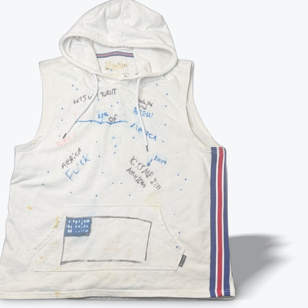 Brooklyn Sleeveless‎ Hoodie Graffiti USA Flag Streetwear Pullover White Large